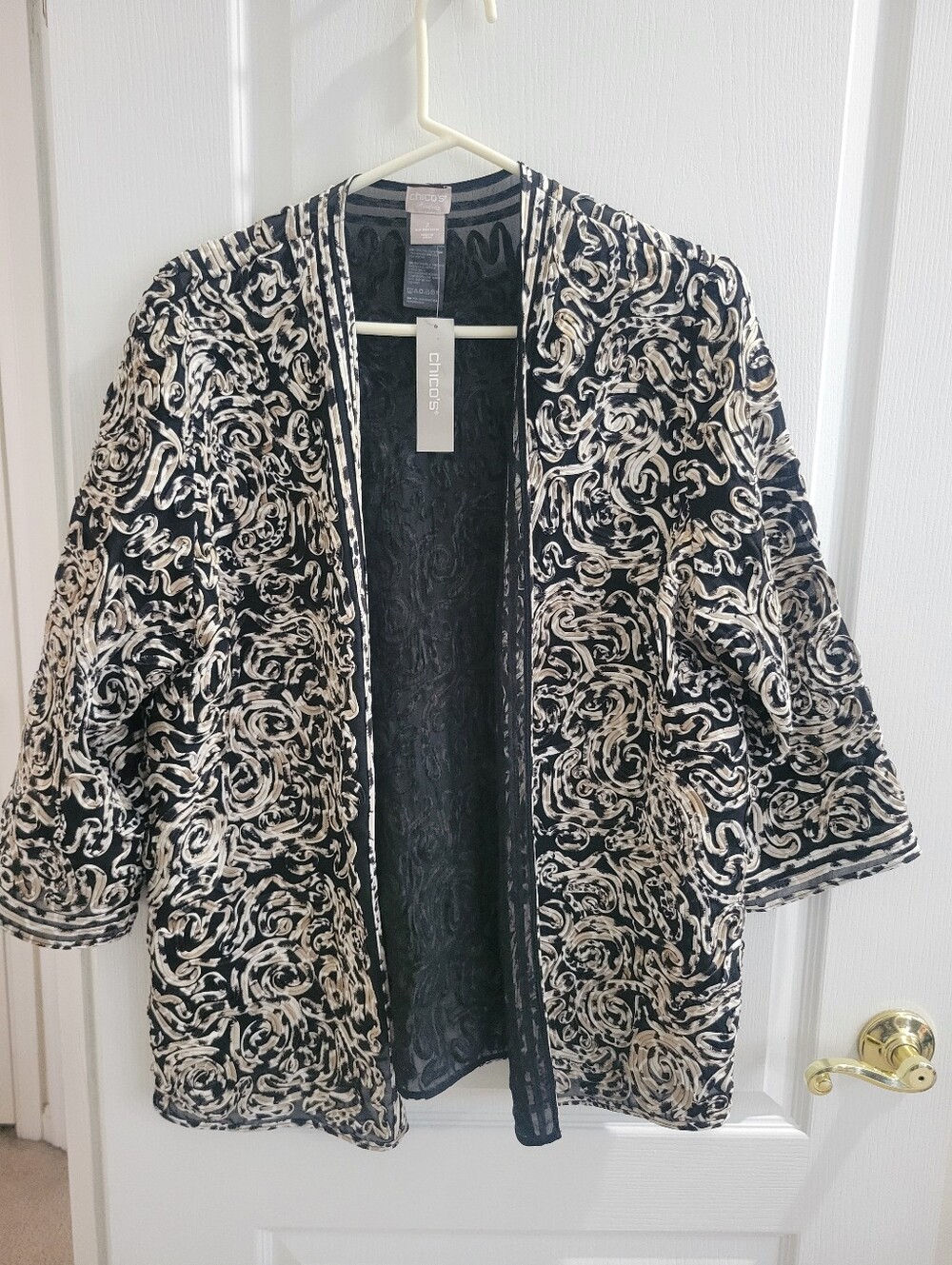 Chico's Jacket Womens 2 Large 12 14 NWT Black Tan Sheer Abstract Swirl Cardigan